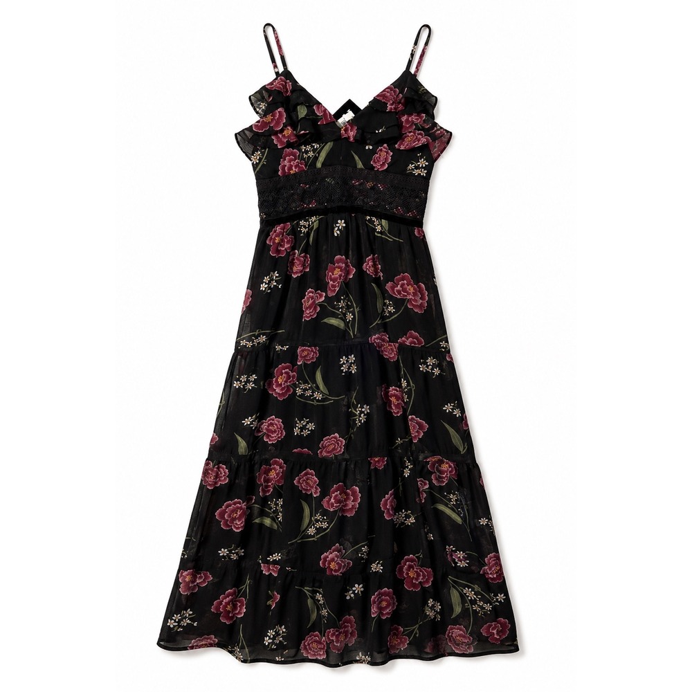 Shift Floral Maxi Dress Women Small Black Chiffon Ruffle Lace Trim Sleeveless